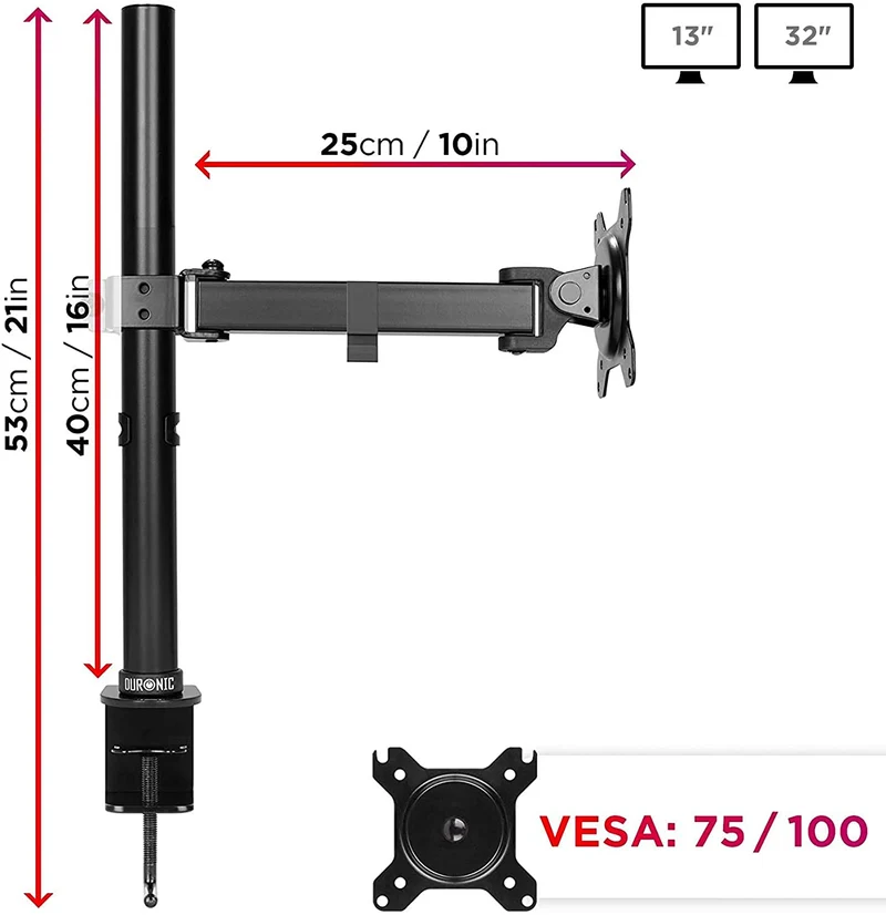 Duronic DM151X2 Support d’écran de PC à Pince pour Bureau | Hauteur Ajustable | Rotatif / Inclinable / Pivotable | Compatibilité avec Moniteurs VESA 75/100 | 1 Extension | Passes câbles inclus
