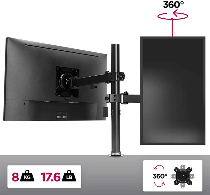 Duronic DM151X2 Support d’écran de PC à Pince pour Bureau | Hauteur Ajustable | Rotatif / Inclinable / Pivotable | Compatibilité avec Moniteurs VESA 75/100 | 1 Extension | Passes câbles inclus