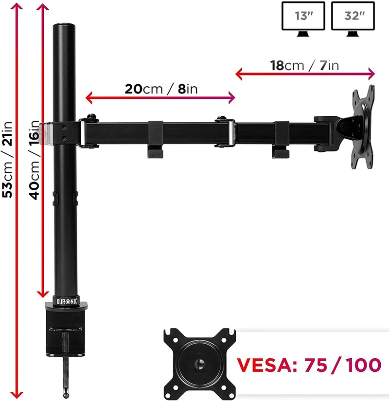 Duronic DM151X3 Support d’écran de PC à Pince pour Bureau | Hauteur Ajustable | Rotatif / Inclinable / Pivotable | Compatibilité avec Moniteurs VESA 75/100 | 2 Extensions | Passes câbles inclus