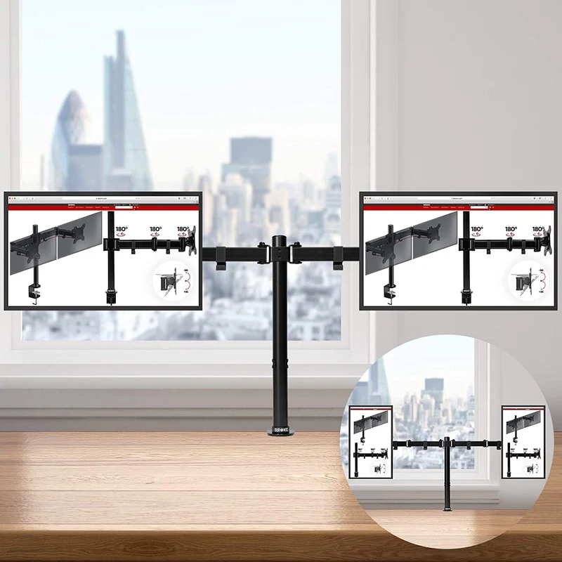 Duronic DM152 Support double 2 écrans de PC à pince pour bureau | Hauteur ajustable | Rotatif / Inclinable / Pivotable | Compatibilité avec moniteurs VESA 75/100 | Passes câbles inclus | en Acier