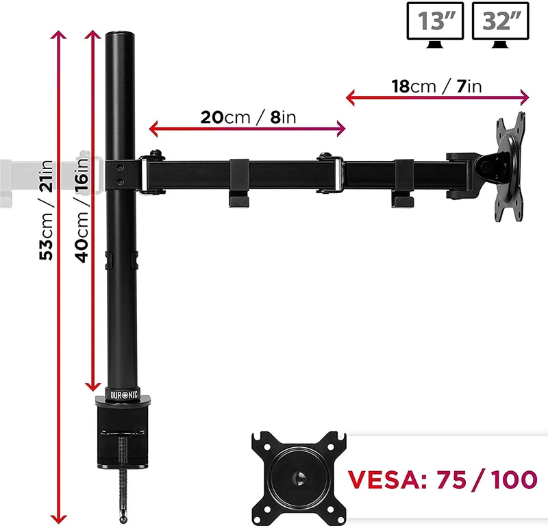 Duronic DM152 Support double 2 écrans de PC à pince pour bureau | Hauteur ajustable | Rotatif / Inclinable / Pivotable | Compatibilité avec moniteurs VESA 75/100 | Passes câbles inclus | en Acier