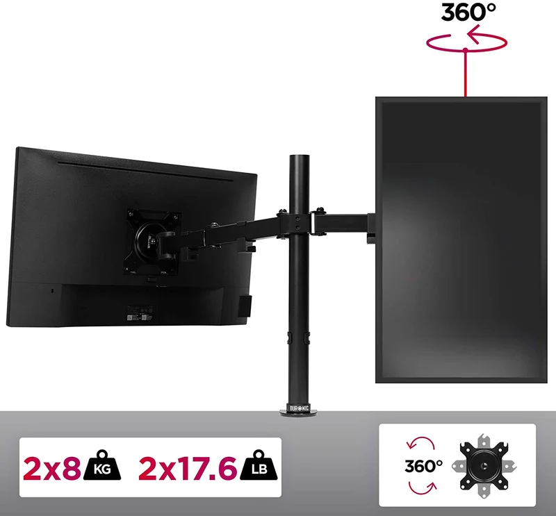 Duronic DM152 Support double 2 écrans de PC à pince pour bureau | Hauteur ajustable | Rotatif / Inclinable / Pivotable | Compatibilité avec moniteurs VESA 75/100 | Passes câbles inclus | en Acier