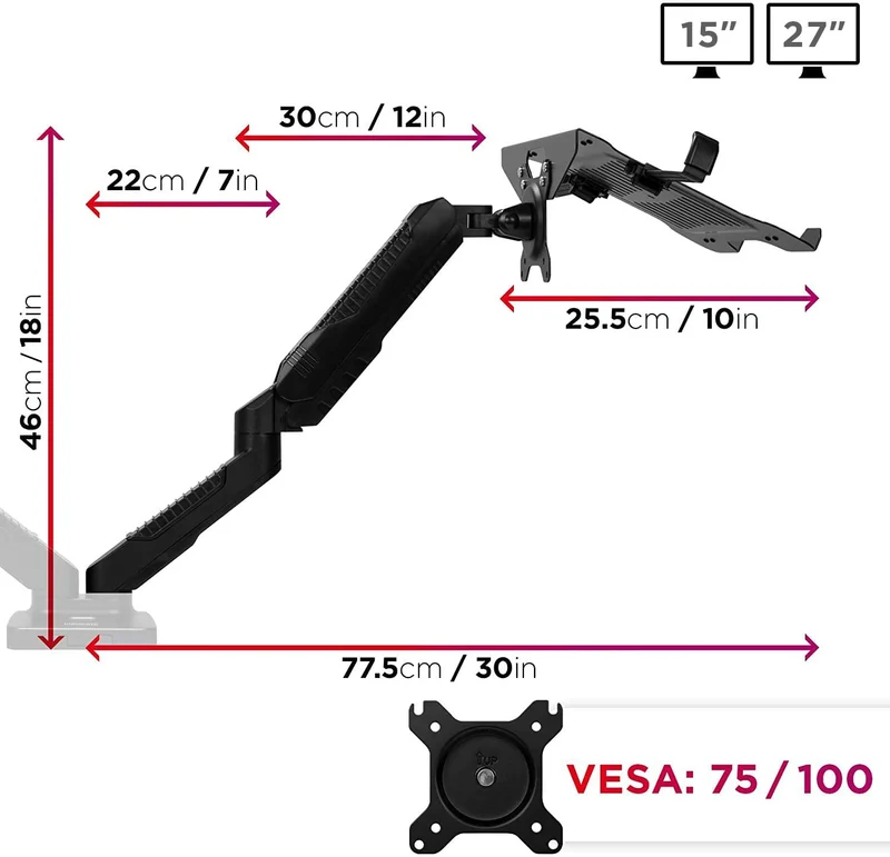 Duronic DMDCL1X1 Support de moniteur et support d’ordinateur portable PC à pince pour bureau | Mécanisme à gaz | Ajustement omnidirectionnel à la volée | Compatibilité avec moniteur VESA 75/100